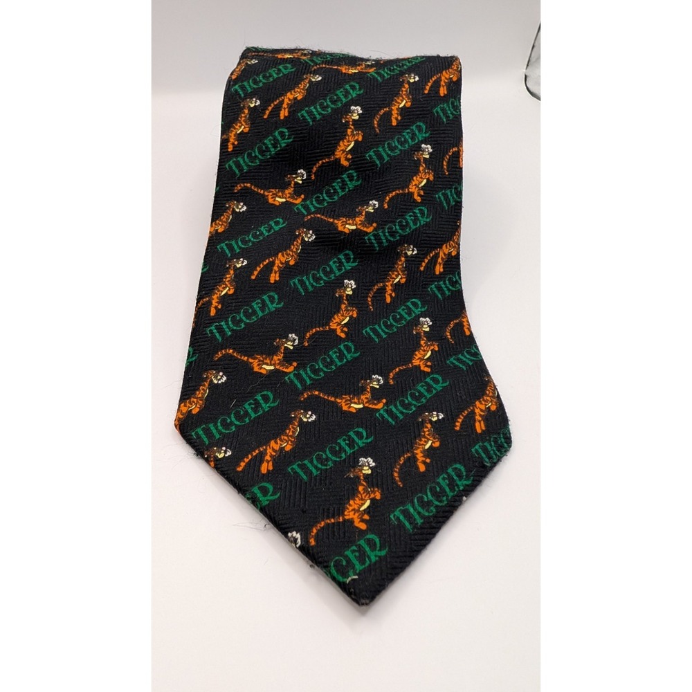 Vtg Disney Winnie the Pooh Tigger Silk Necktie Black Green Text Graphics 90s